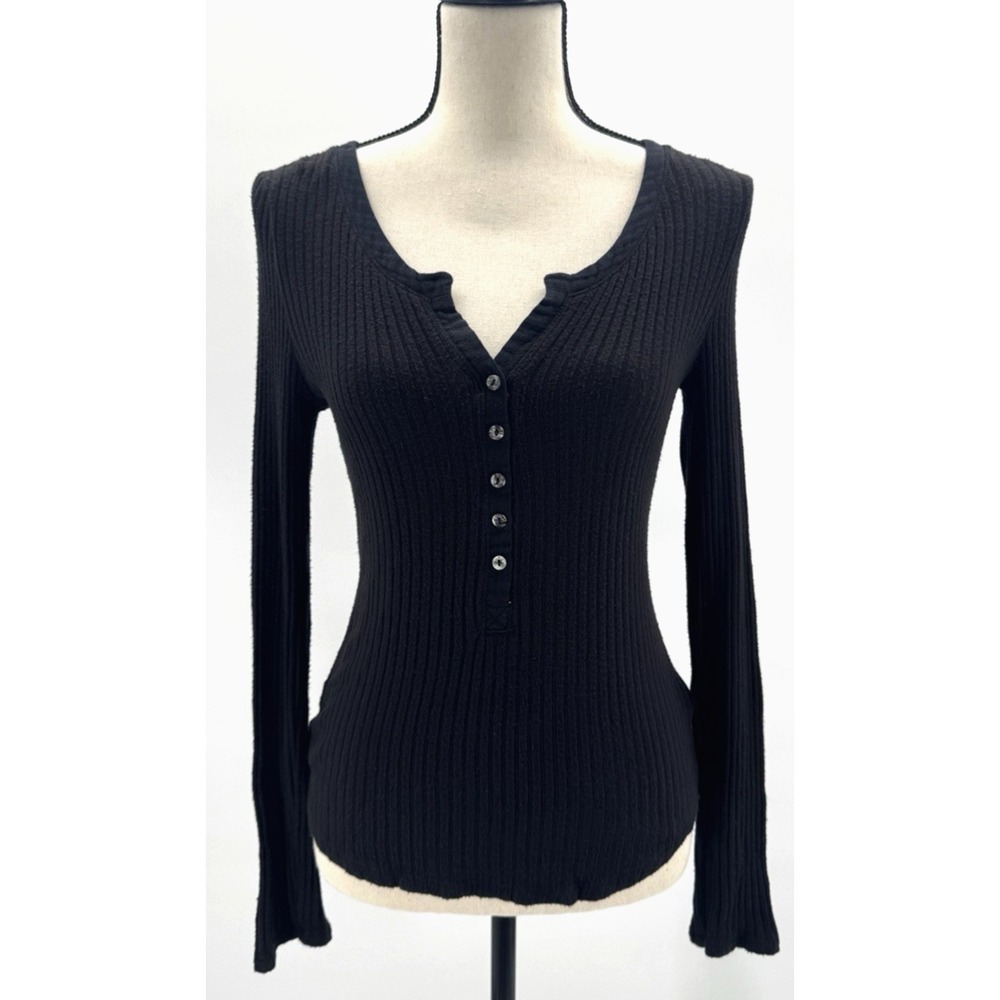 Y2K Anthropologie Black Ribbed Henley Button Top Medium Retro 90s Whimsigoth